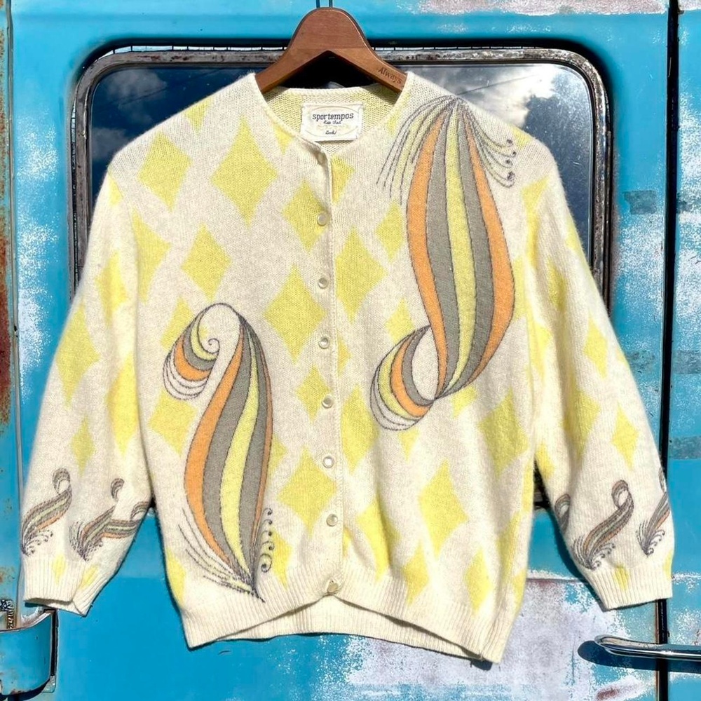 60s Sportempos soft & lightweight yellow angora cardigan diamond swirl